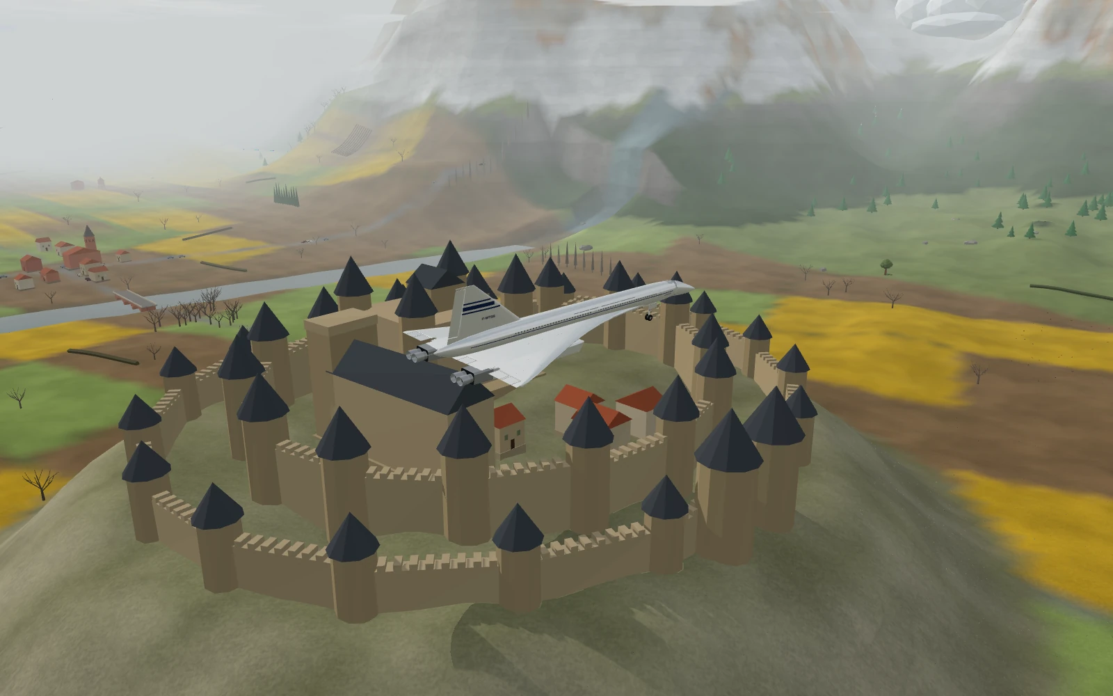 Concorde over Carcassonne, with fields, a river and mountains in the History of Flights flight simulator