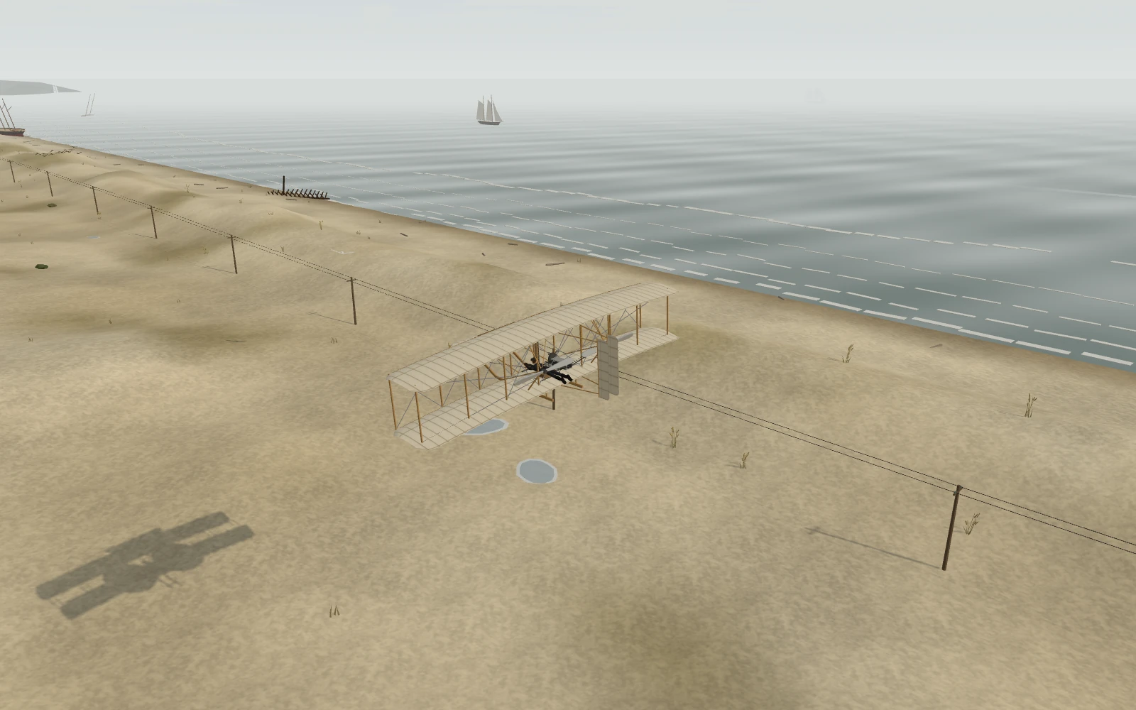 The Wright Flyer above the Outer Banks coastline, with sailing boats offshore